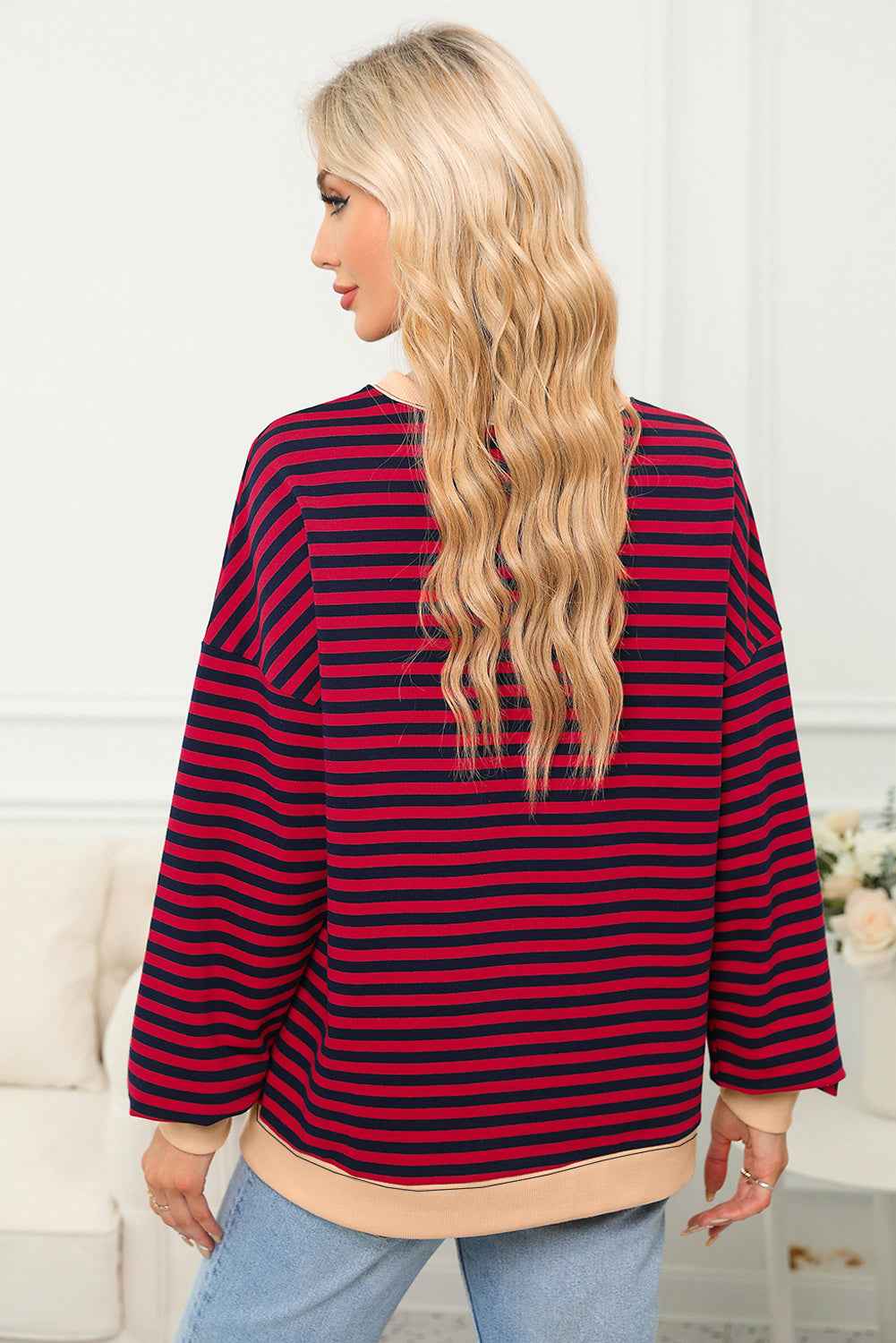 Red Stripe Contrast Ribbed Trim Crossed Stitch Drop Shoulder Sweatshirt b606ecda61bb8e0b