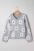 Floral V-Neck Drop Shoulder Baggy Sweater Gray b6076e34-fac4-4e64-b9ed-b9f47f3d1a98