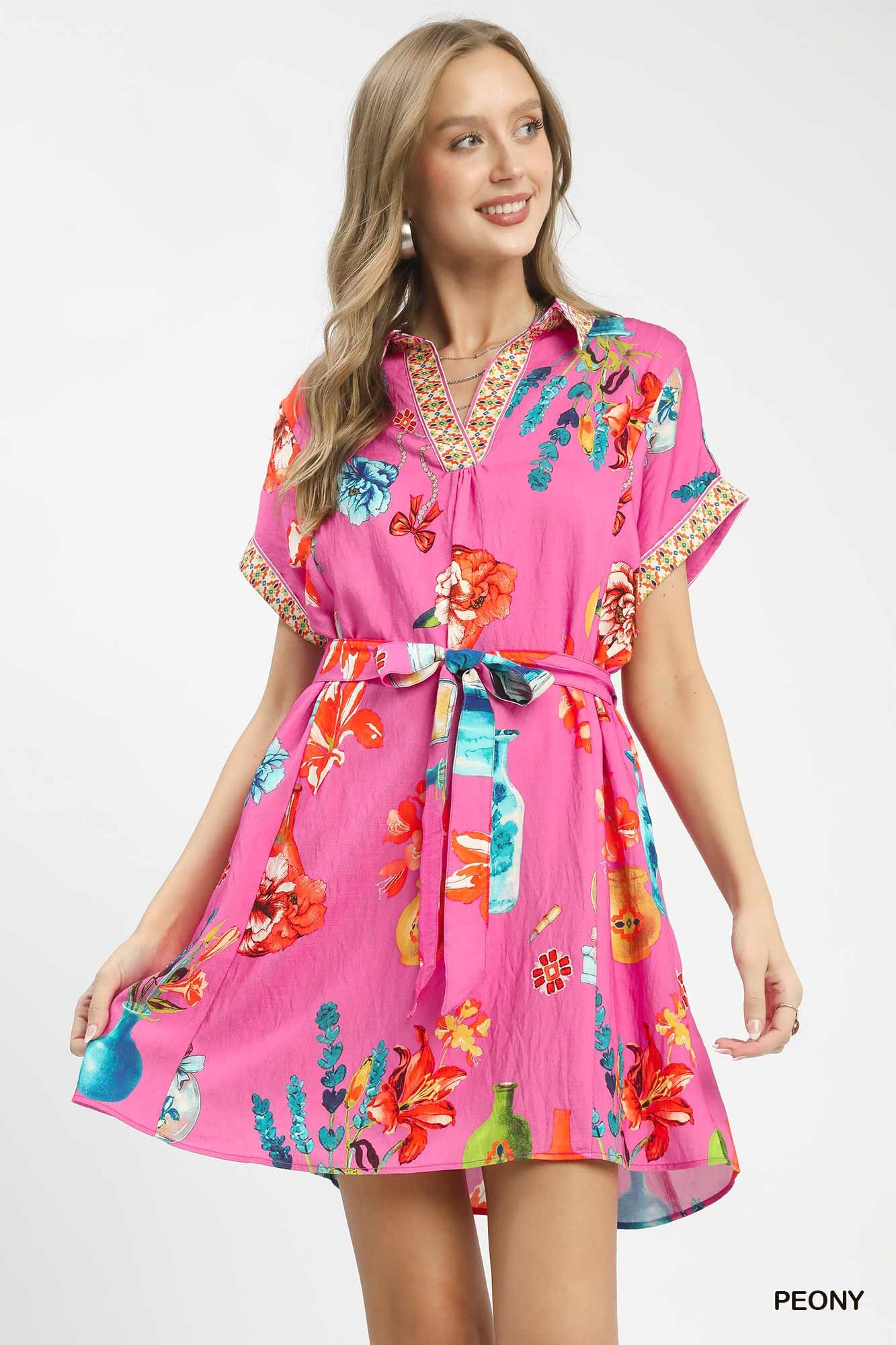 Umgee Floral Print Mini Dress with Belt PEONY b608a965-97e5-4324-9d51-6528ccb5be66-Max