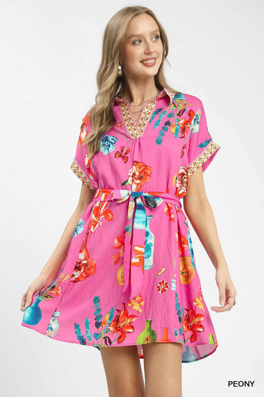 Umgee Floral Print Mini Dress with Belt PEONY b608a965-97e5-4324-9d51-6528ccb5be66-Max