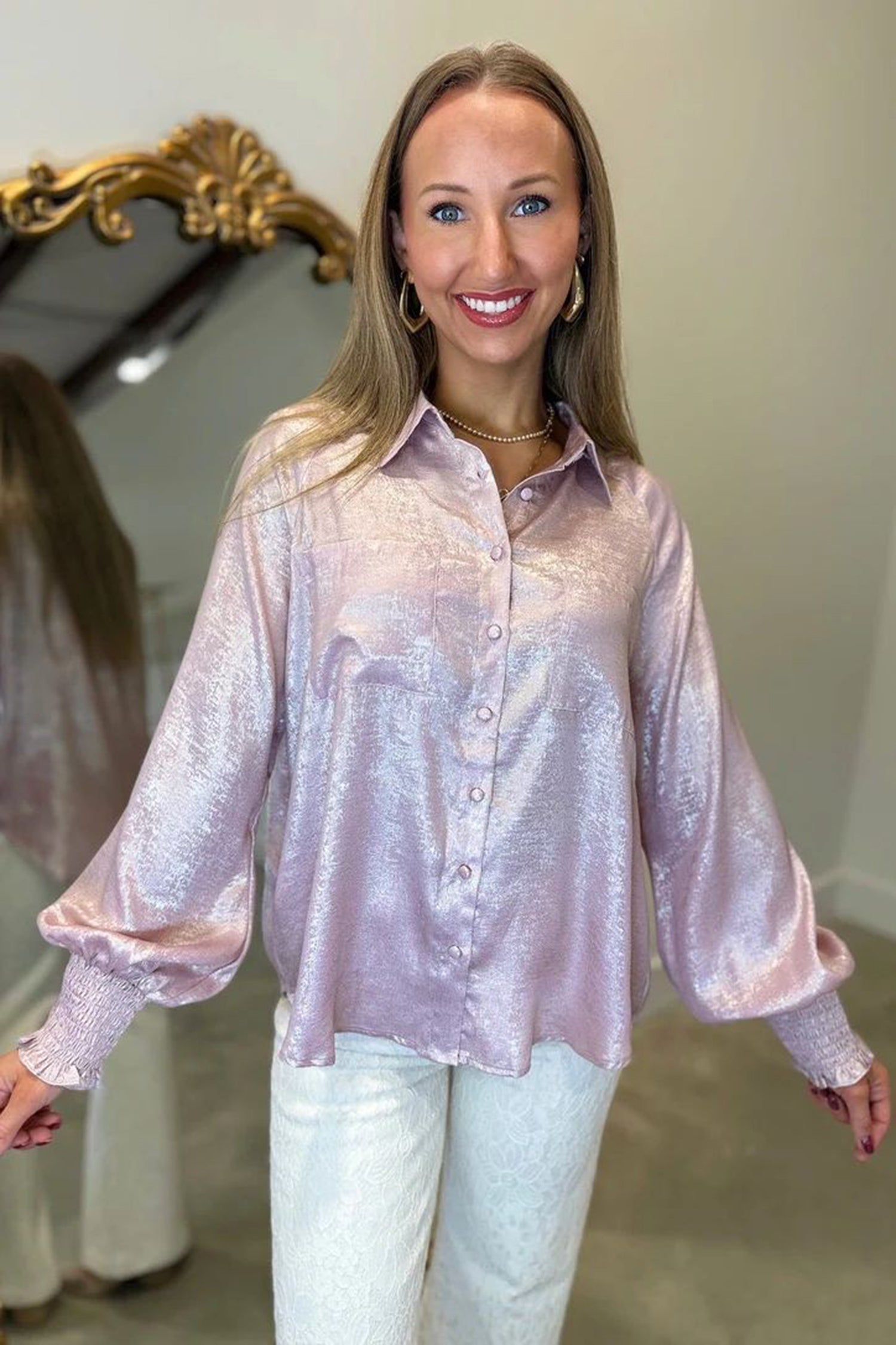 Delicacy Long Sleeve Button Front Ruffle Cuffs Back Paneling Shirt b60f2b396a77d521