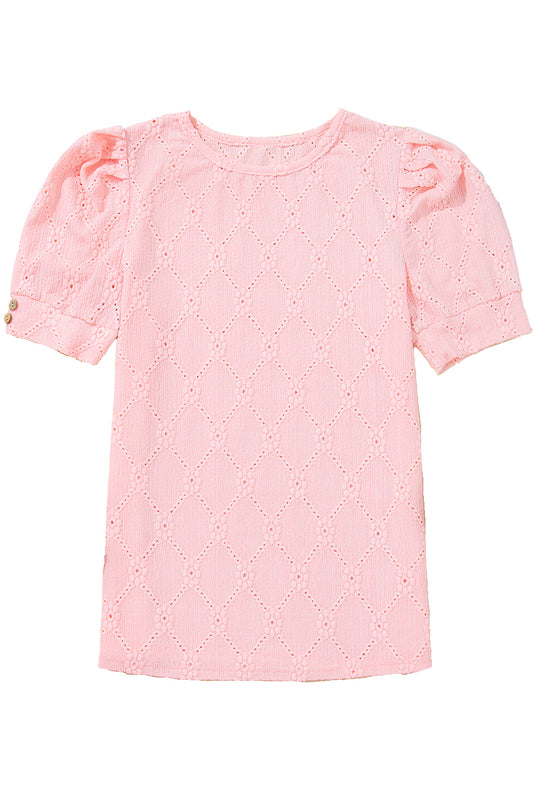 White Embroidered Floral Geometric Button Short Sleeve Top b613e220c92228be