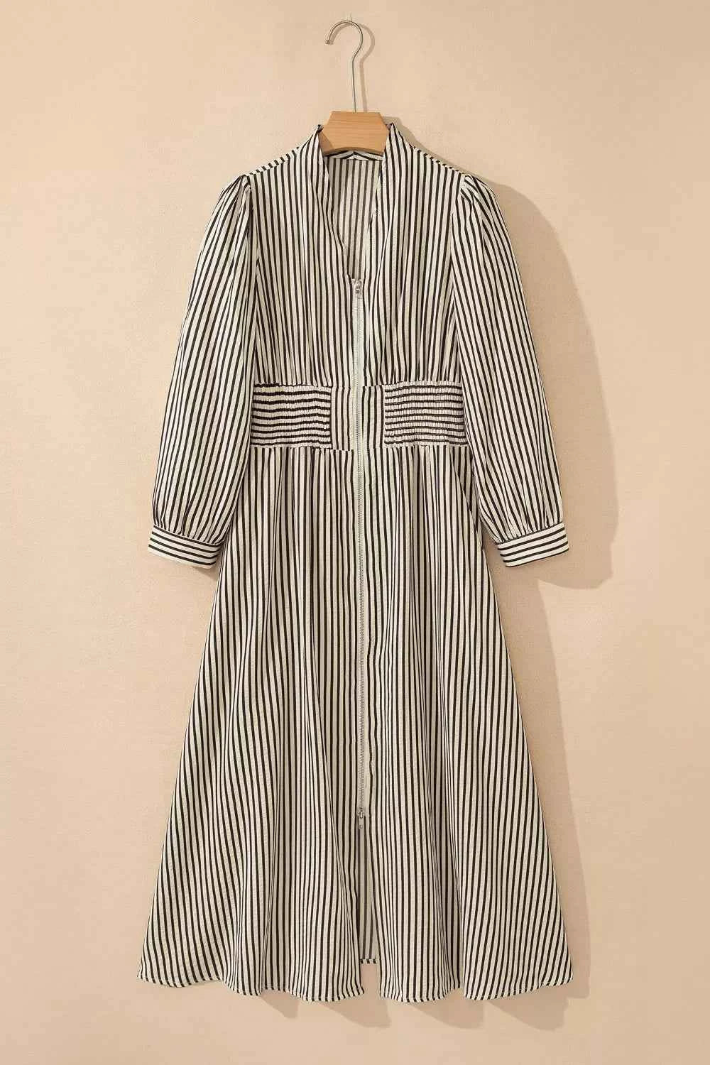 Stripe V Neck Zip Front Cinched High Waist Midi Dress