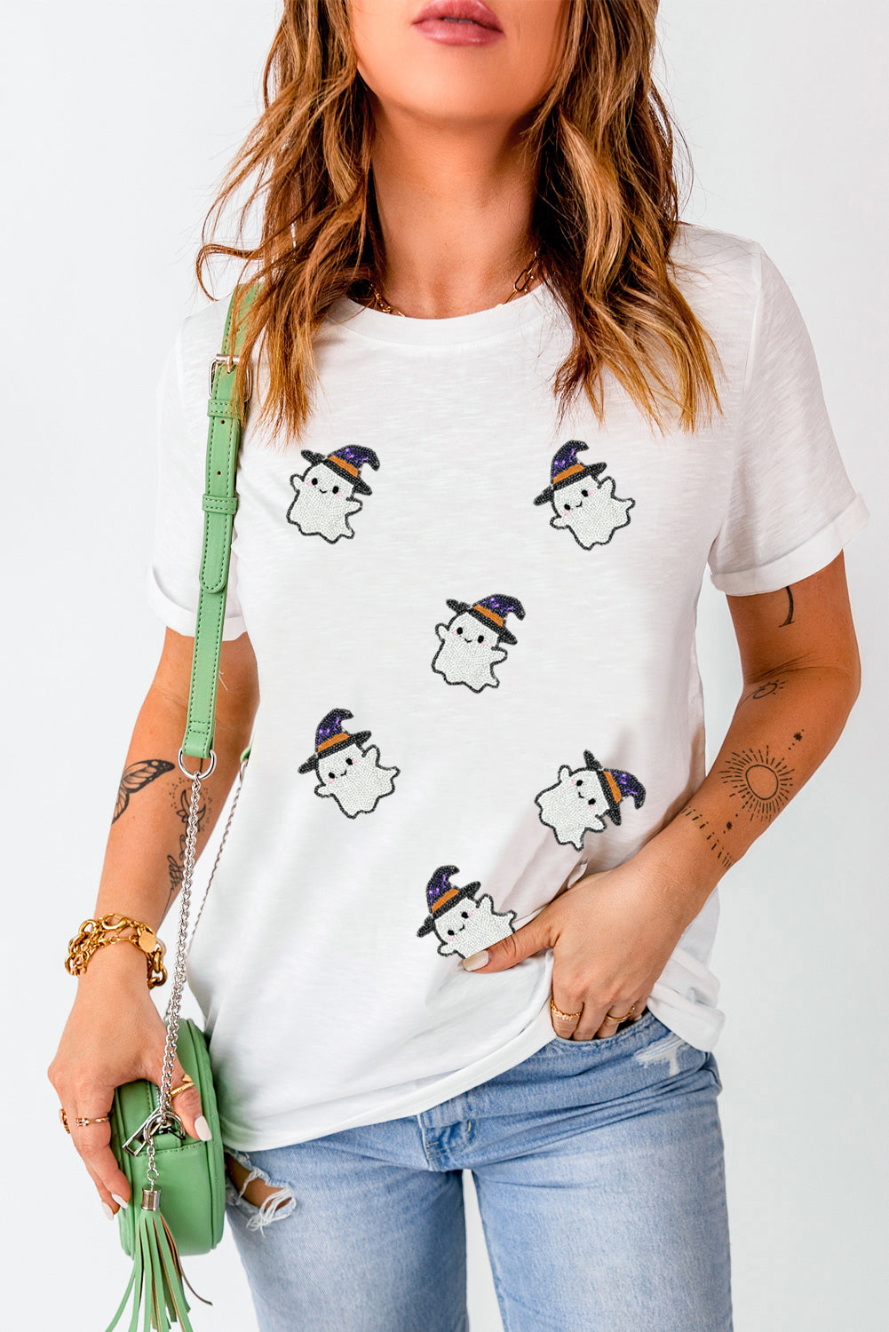 White Halloween Ghost Witch Sequins Patch Casual T Shirt White 62%Polyester+32%Cotton+6%Elastane b6176d64183734d3