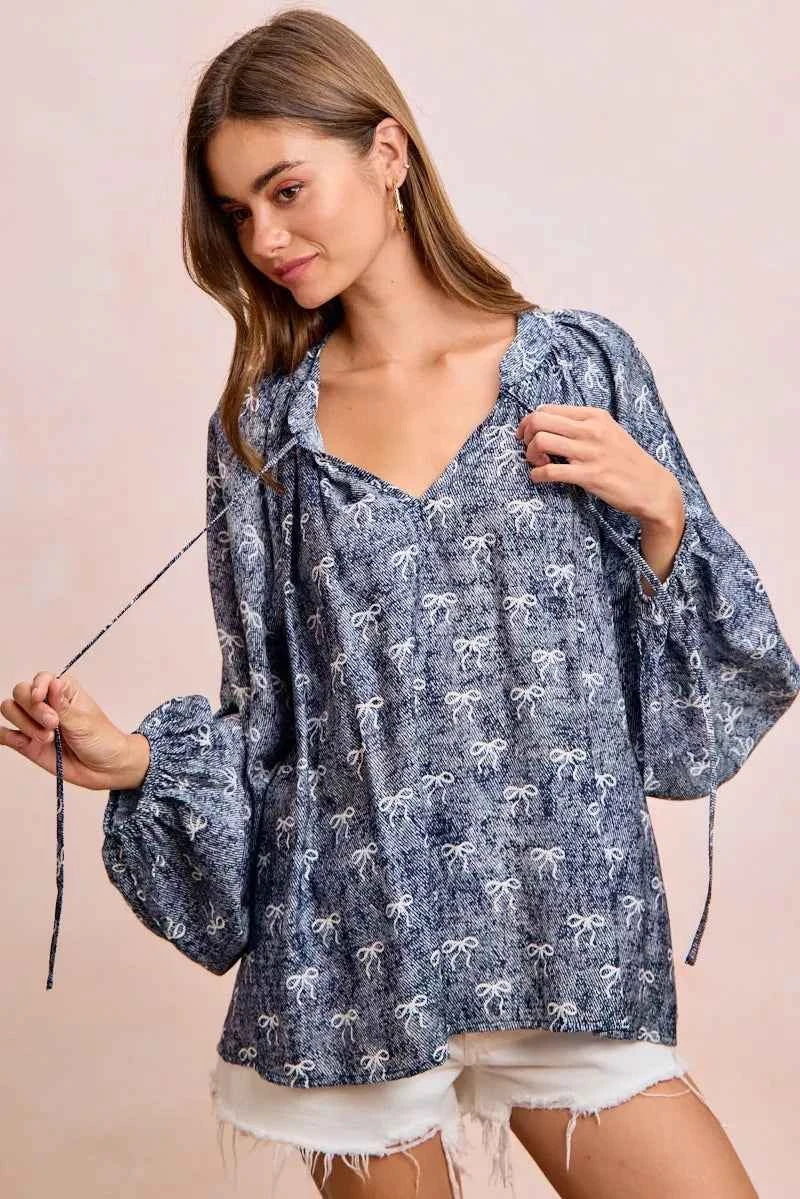 BiBi Ribbon Bow Print Exaggerated Balloon Sleeves Top b61bc073179f4a18b1e09e5e5b031103-Max-Origin