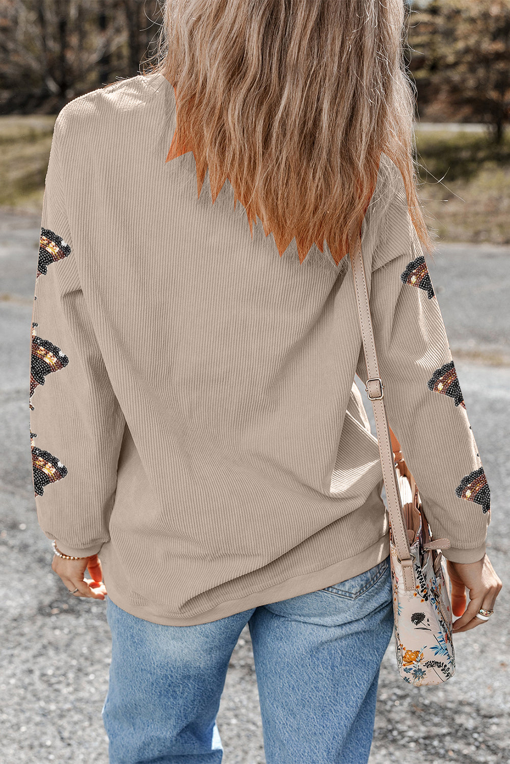 Smoke Gray gobble Turkey Sleeve Sequins Patch Corded Baggy Sweatshirt b61c668c228baac2