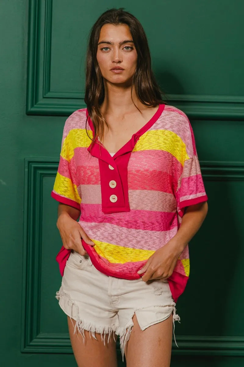 BiBi Multi Color Stripe Hacci Button Detail Ringer Top b61d297c314e432db724474ab24f549a-Max-Origin