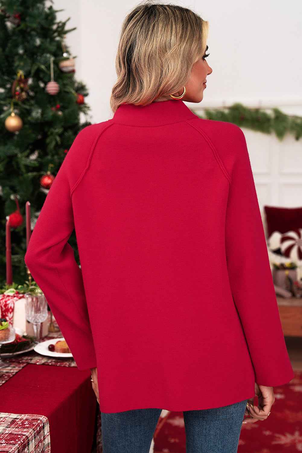 Fiery Red Solid Color Mock Collar Loose Jacket b61db0ce0342206a