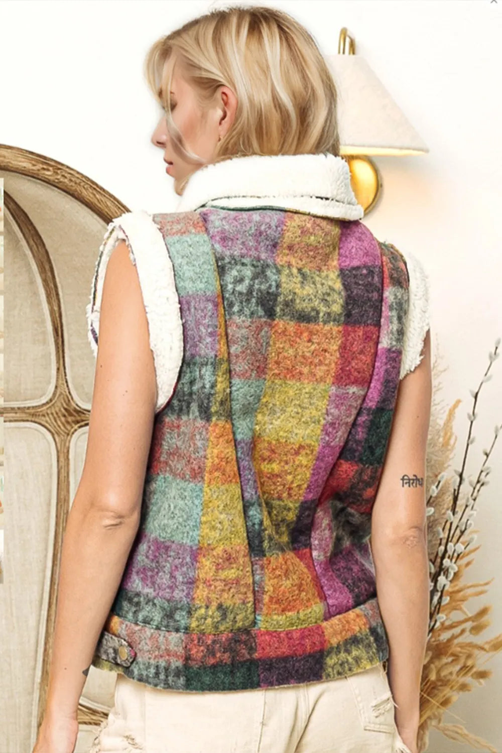 Double Take Full Size Snap Down Plaid Fleece Vest Coat with Pockets b61f5ba8-a53f-4551-815e-b7a6e82dff1f-Max