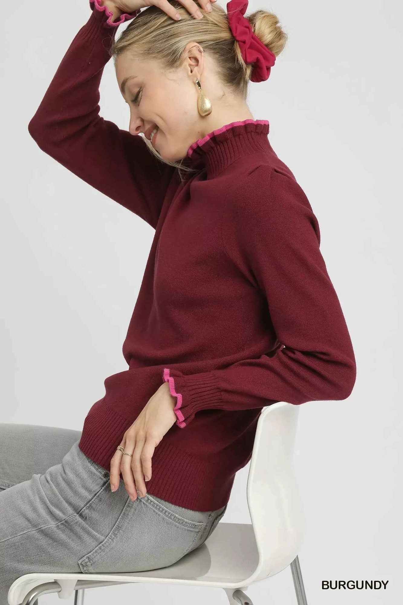 Umgee Ribbed Round Neck Sweater with Ruffle Contrast Trim b624cf19-859c-4a50-995f-24ea1d0487cb-Max-Origin