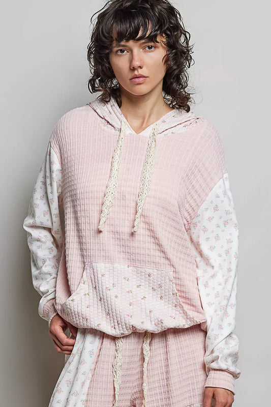 Mixed Knit Contrast Print Sleeve Hoodie with Kangaroo Pocket PINK MULTI b626a7b0-8f92-43e6-8e6e-2f79384d9ef1-Max-Origin