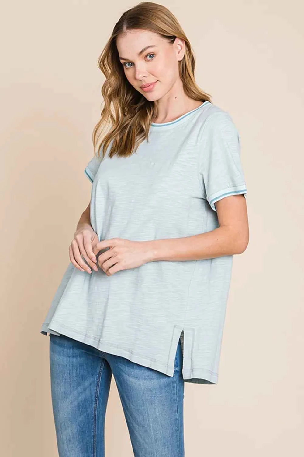 Cotton Bleu by Nu Lab Contrast Trim Short Sleeve Slit T-Shirt Seafoam b62a7bd3-2c6b-4016-9f50-88c817ca91d0-Max