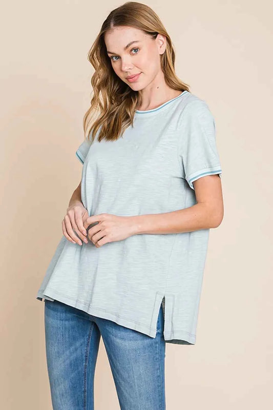 Cotton Bleu by Nu Lab Contrast Trim Short Sleeve Slit T-Shirt Seafoam b62a7bd3-2c6b-4016-9f50-88c817ca91d0-Max