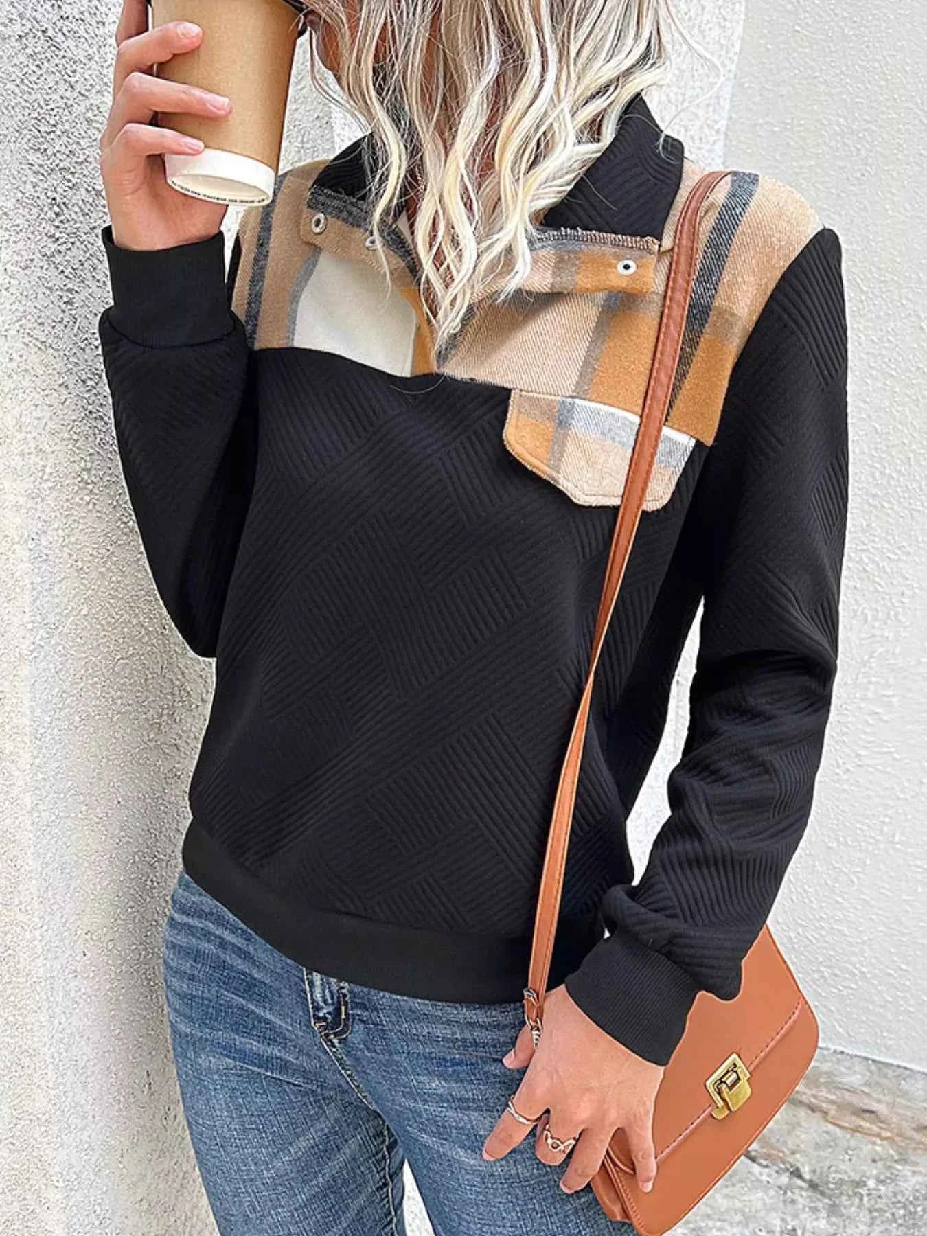 Color Block Texture Long Sleeve Sweatshirt Black b62fc220-4cb1-44bd-985c-f1f61d0d7bbe-Max-Origin