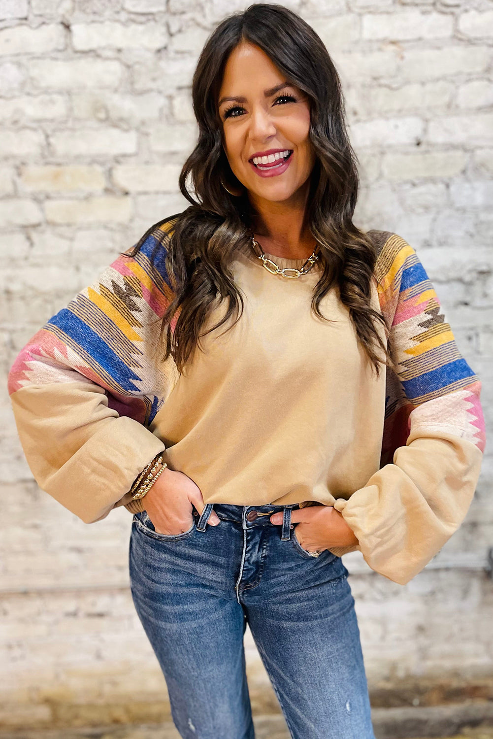 Light French Beige Geometric Patchwork Raglan Sleeve Pullover Sweatshirt b634a64c4a8f8219