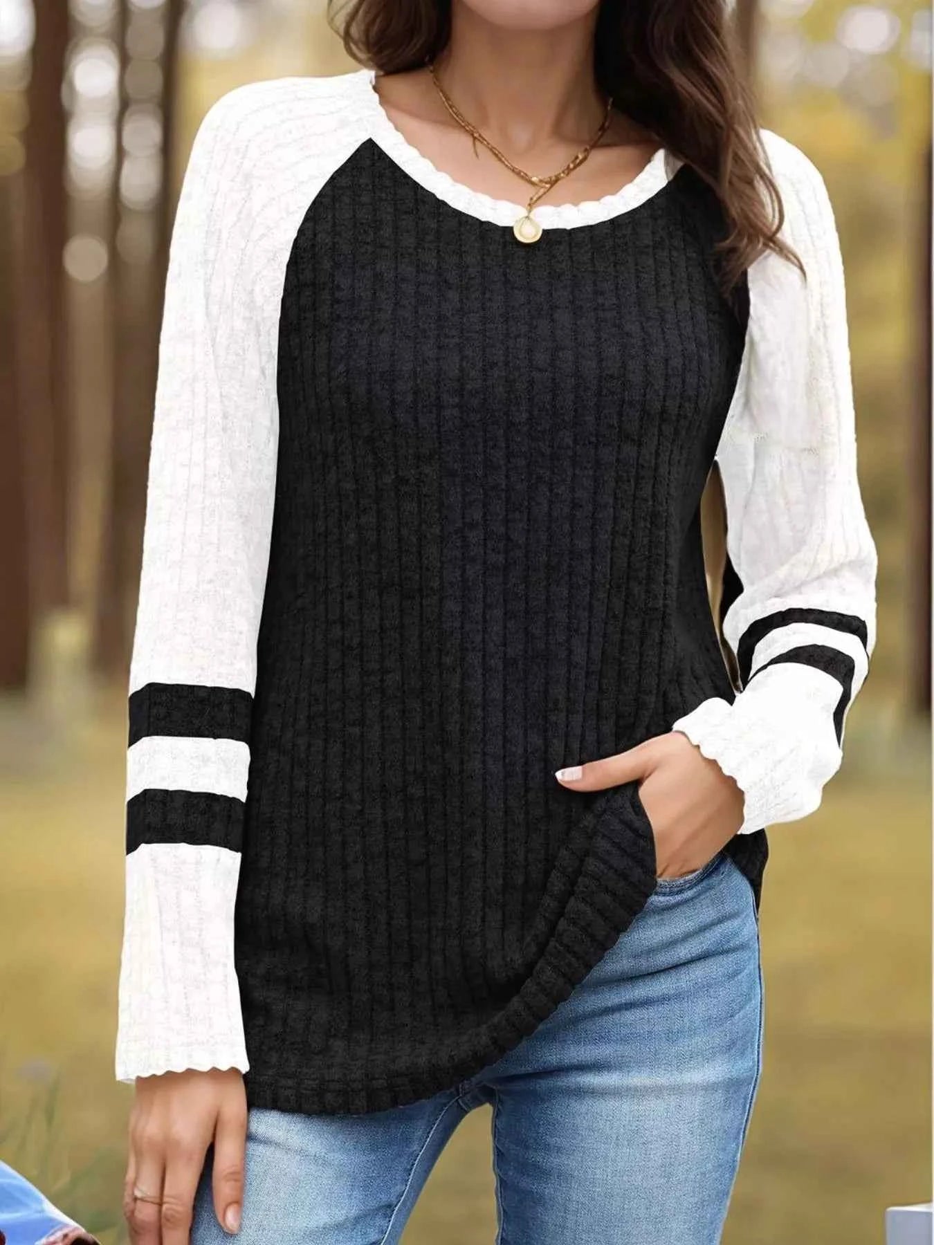 Ribbed Round Neck Raglan Sleeve Top Black b63600f9-0cff-49b9-a6bd-c5f93f00d9fe-Max-Origin