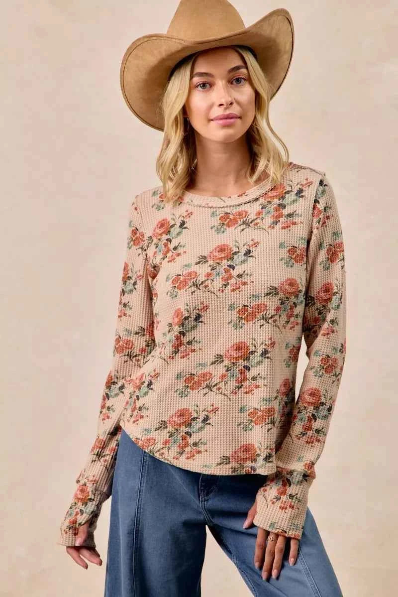 BiBi Floral Print Washed Waffle Thermal Top with Thumb TAUPE b637c64cda0d4ce79aa76c0a786d8263-Max-Origin