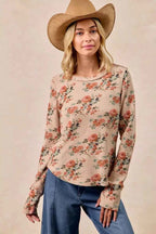 BiBi Floral Print Washed Waffle Thermal Top with Thumb TAUPE b637c64cda0d4ce79aa76c0a786d8263-Max-Origin
