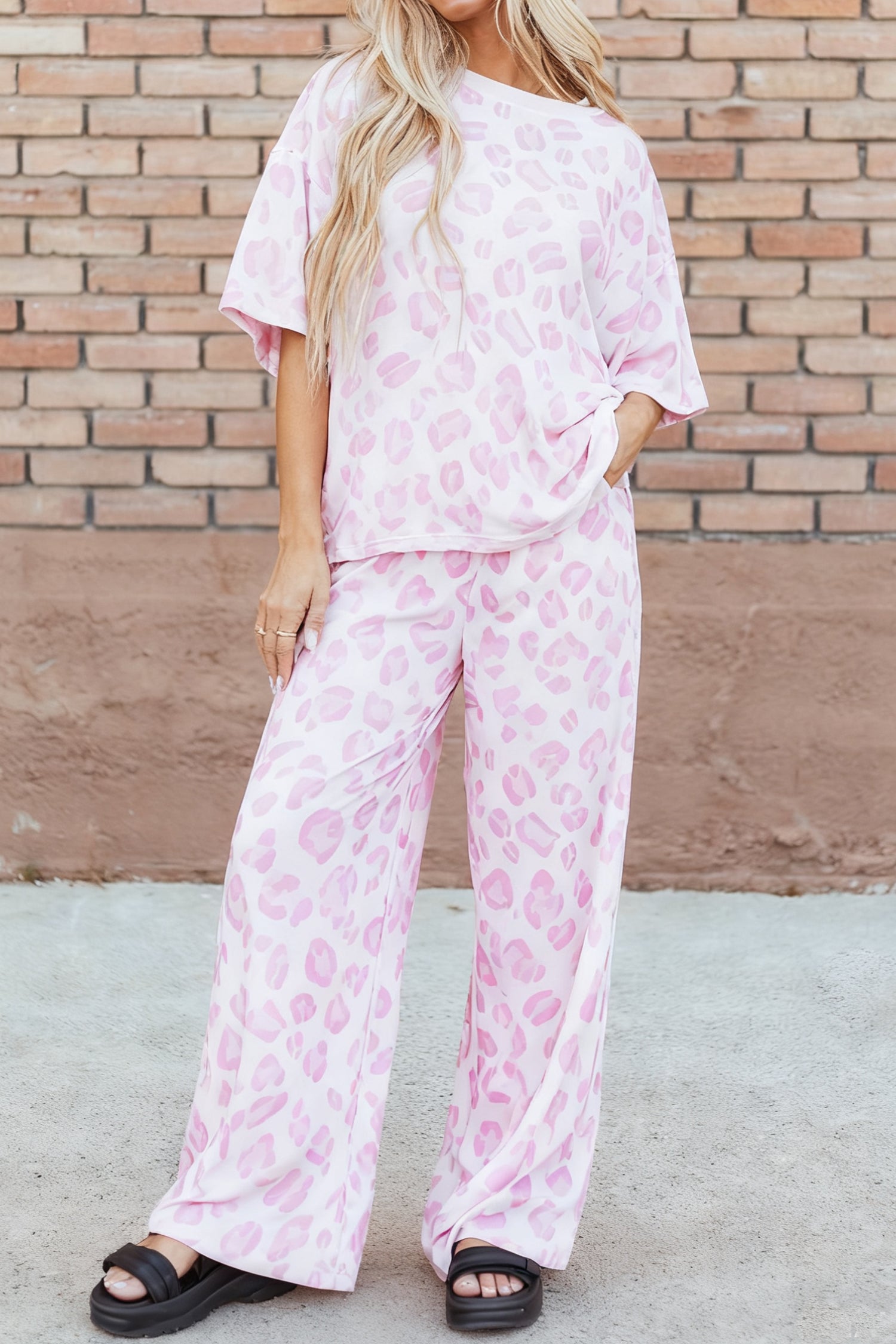 Pink Leopard Two Piece Top and Pants Set Pink 95%Polyester+5%Elastane b6389ca0f099d83a