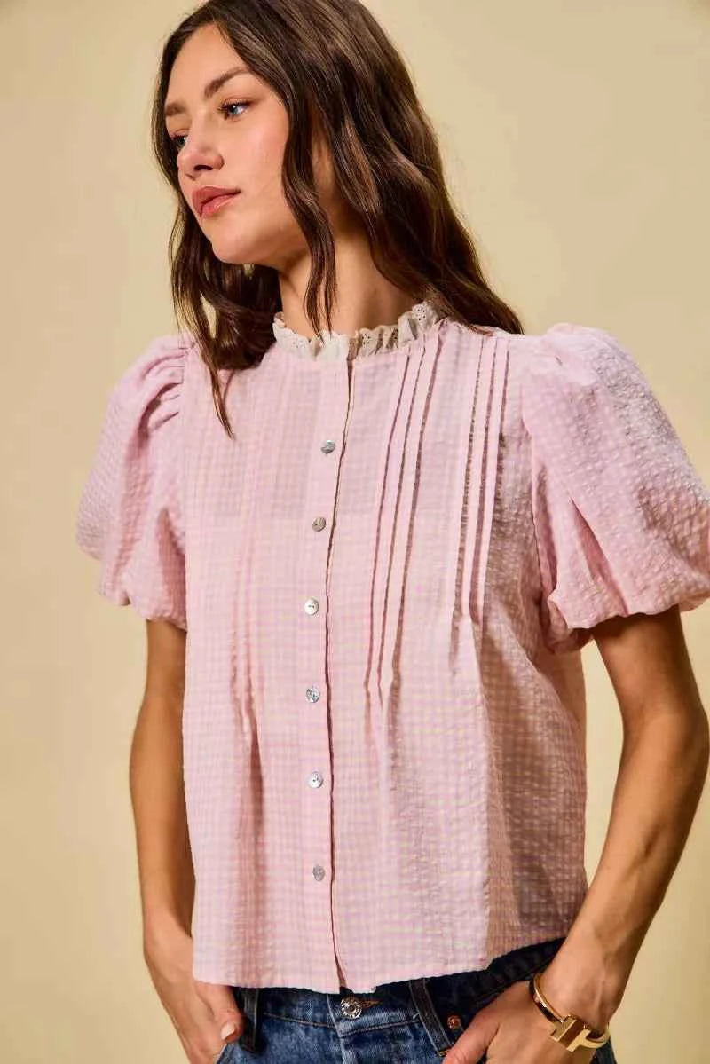 SO ME Gingham Lace Trim Button Bubble Sleeves Blouse b6397f66b2f947bea78bebb0c4fc456b-Max-Origin
