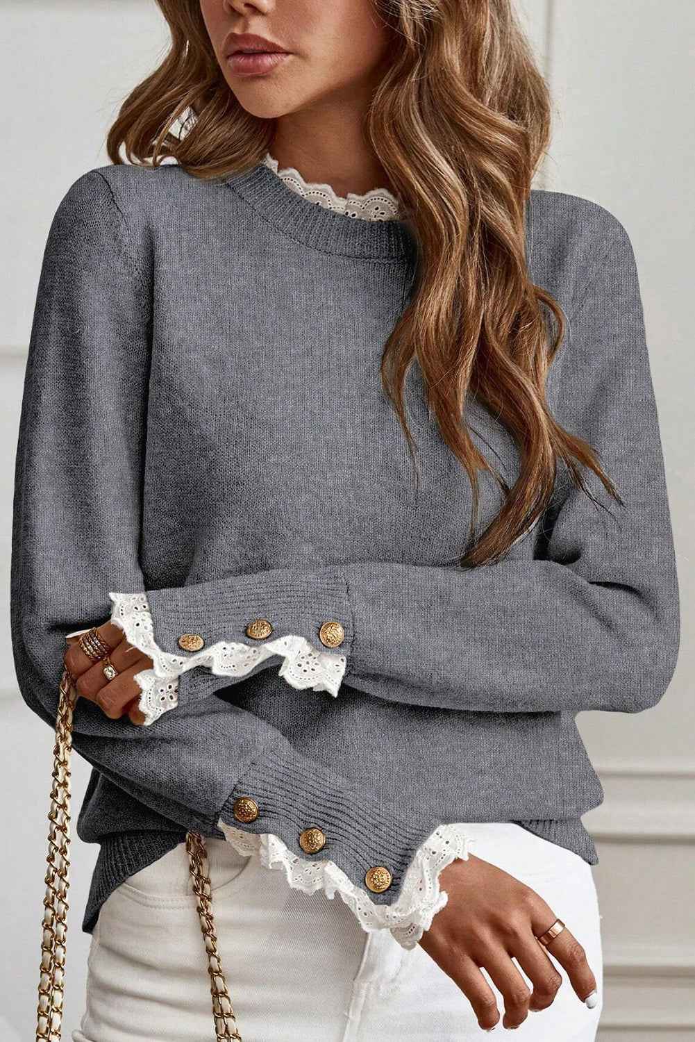 Racing Red Lace Trim Patchwork Buttoned Cuffs Loose Sweater b63a123f806ce223