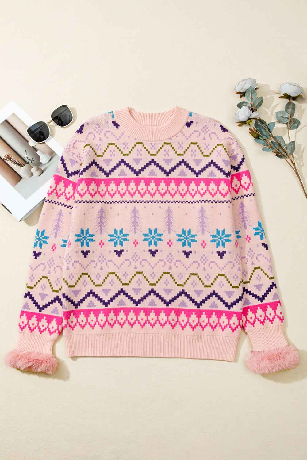 Multicolour Ethnic Christmas Pattern Knit Feather Cuffed Sweater b64357b239d449f3