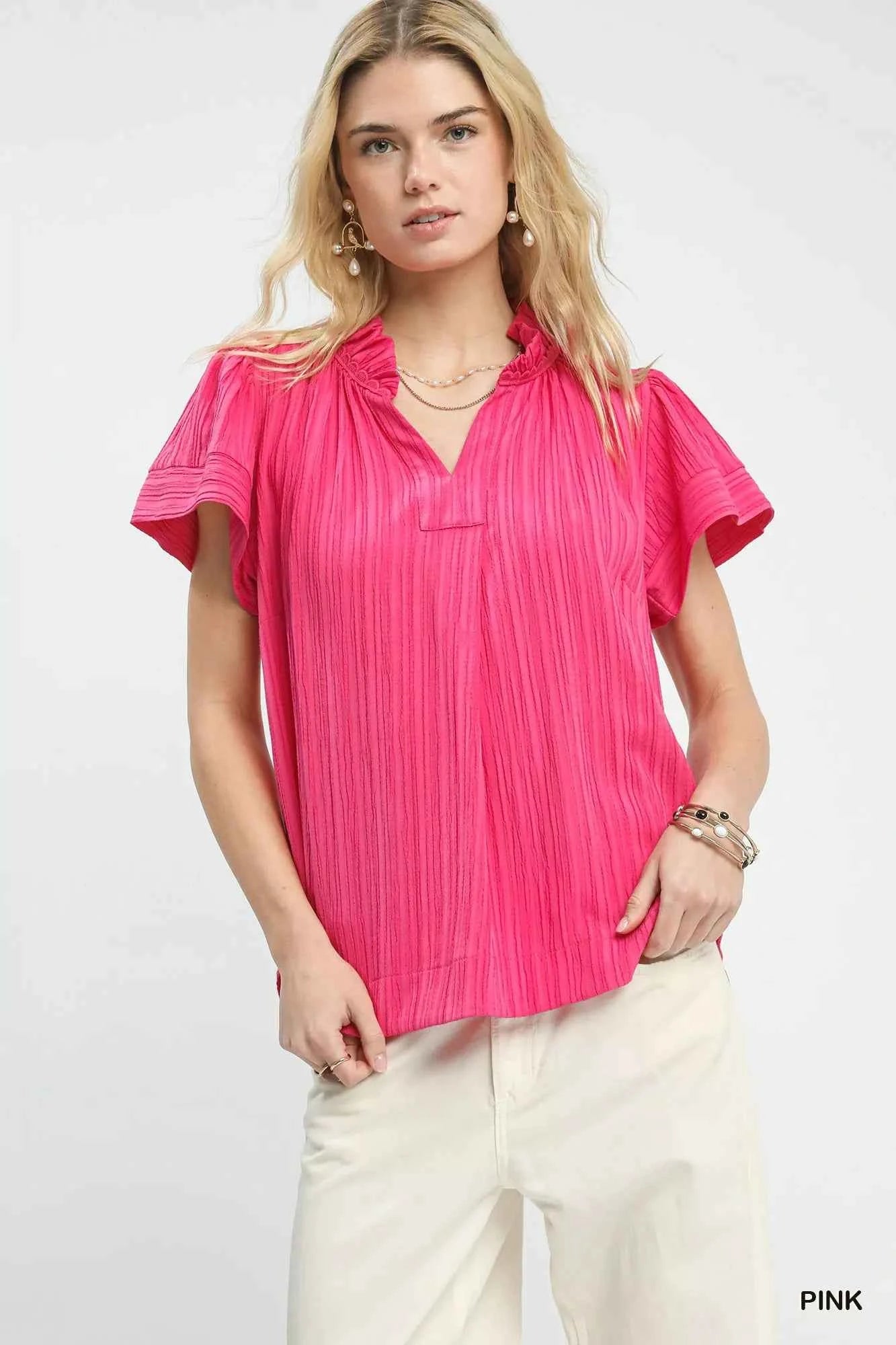 Umgee Texture Flutter Sleeve Notched Blouse PINK b651bf23-a77f-4c6a-8ea1-85640c2414ff-Max-Origin