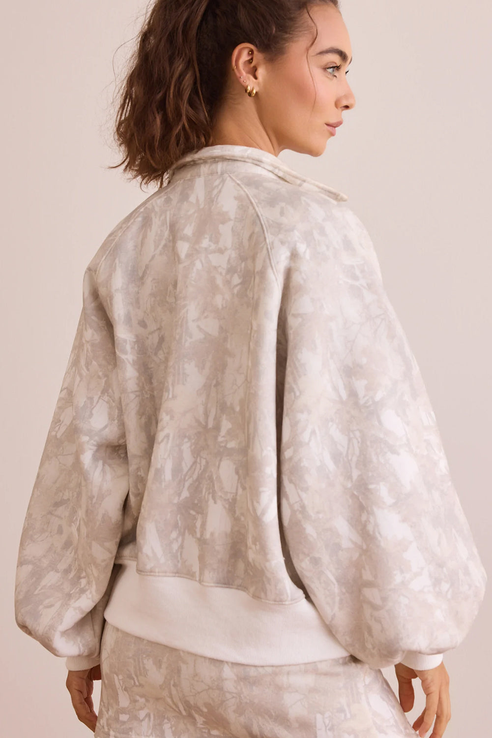 White Abstract Woodland Print Balloon Sleeve Pullover Drawstring Mini Skort Set b653bc1054ed28f6