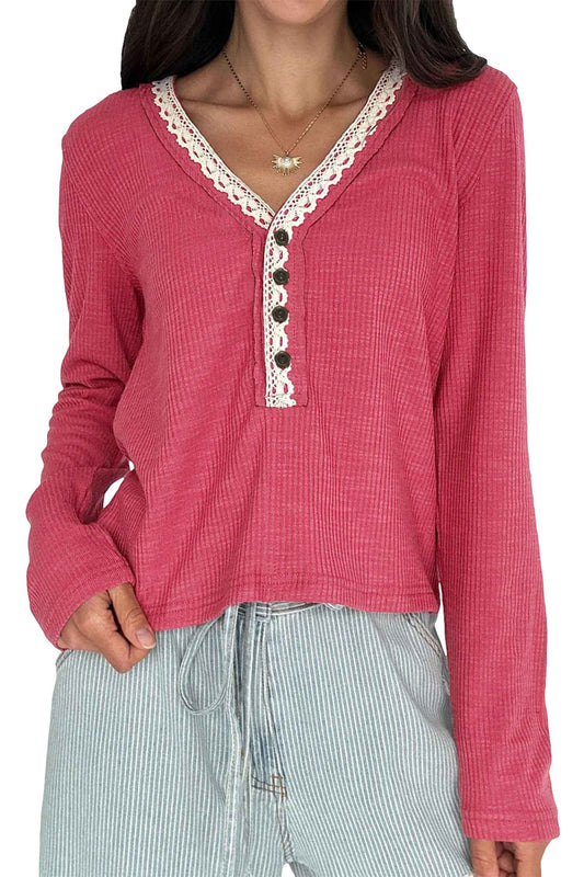 Racing Red Lace Detail V Neck Patchwork Ribbed Top b65667957e7f3181