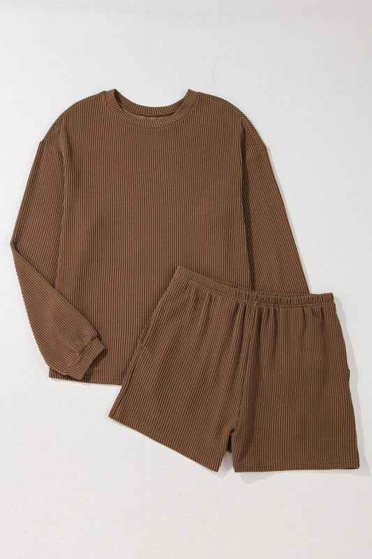 Corded Knit Long Sleeve Top and Shorts Set b658b8e5-0485-443c-a227-5772b623b2d3