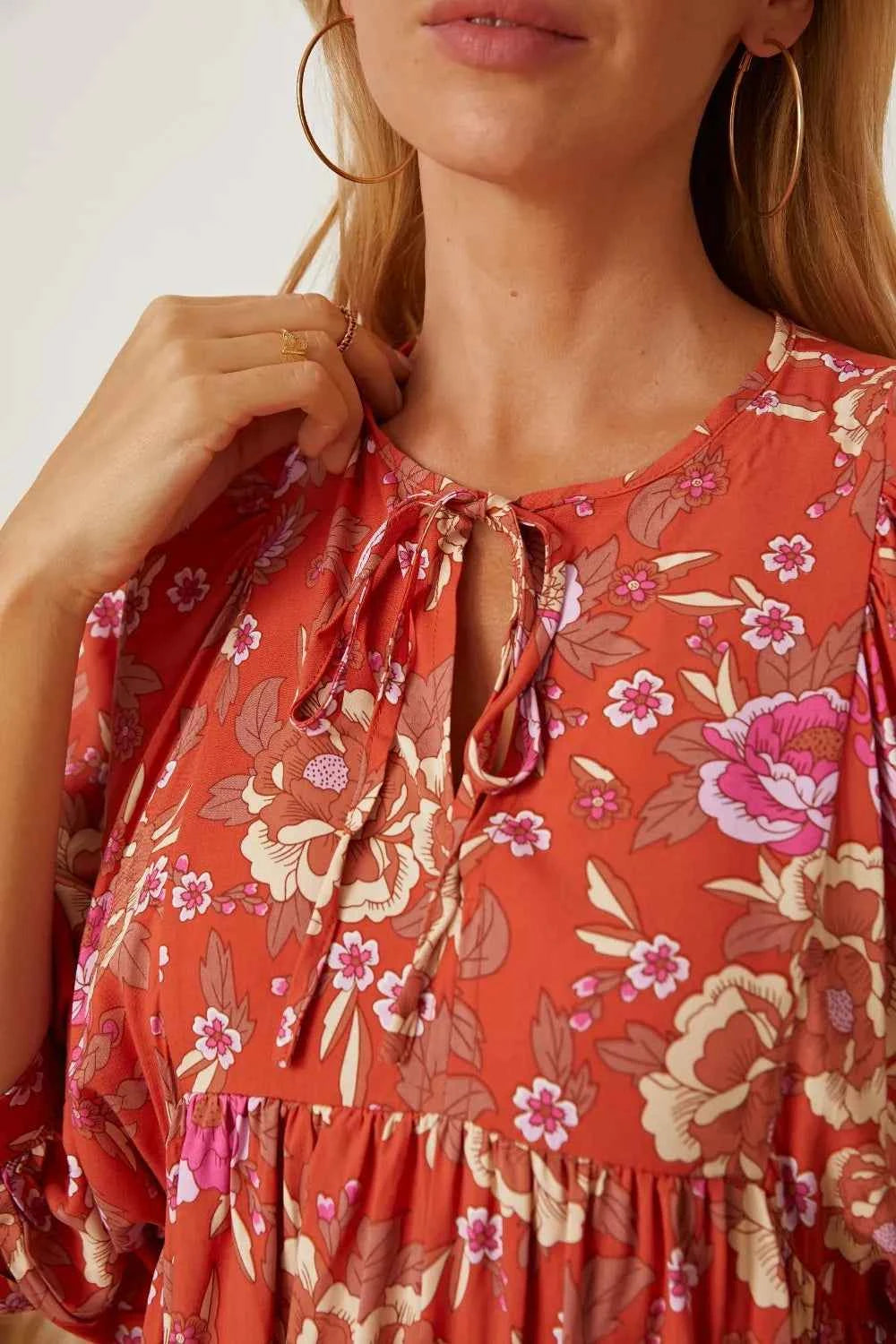 Floral Tie Neck Half Sleeve Dress b65eb197-62ab-4bdb-aeba-5cb5b78dc56b-Max