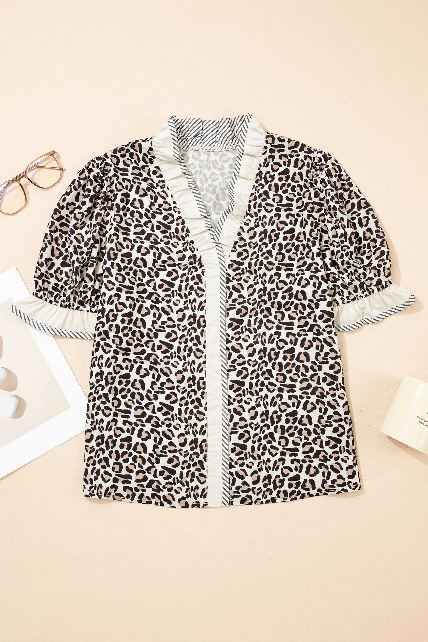 Black Leopard Print Striped Ruffled Color Block Trim V Neck Short Sleeve Blouse b65f47fe35f2c9dd