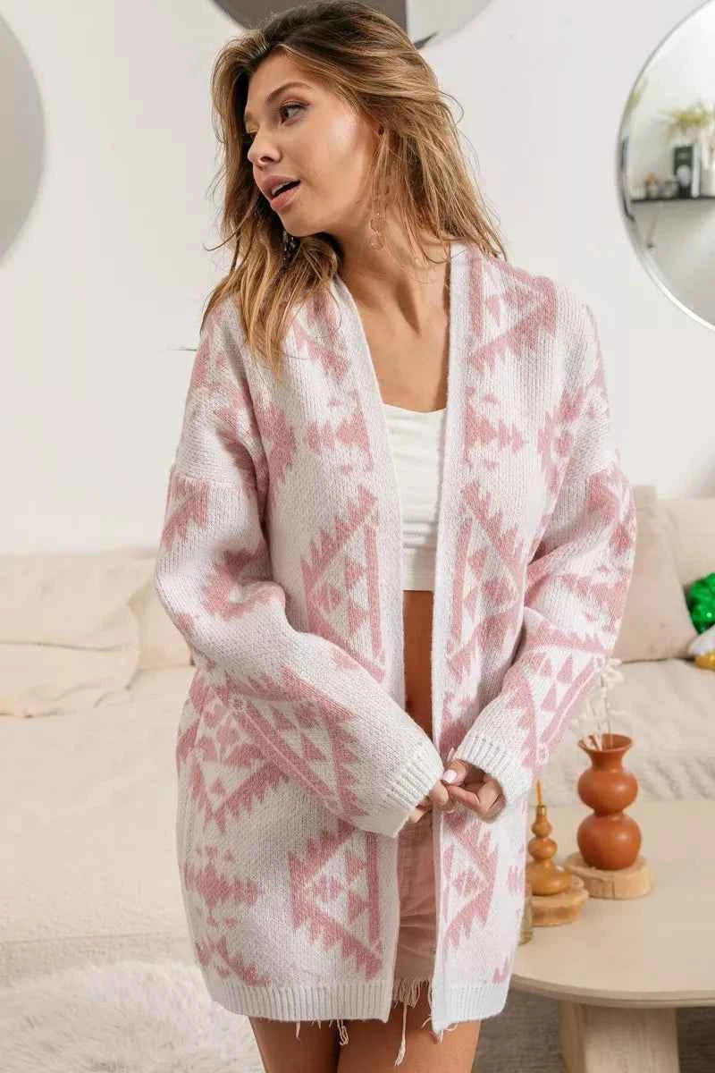 BiBi Aztec Pattern Open Front Cardigan b6633e6e-f89a-4000-9b27-816eee711d44-Max-Origin