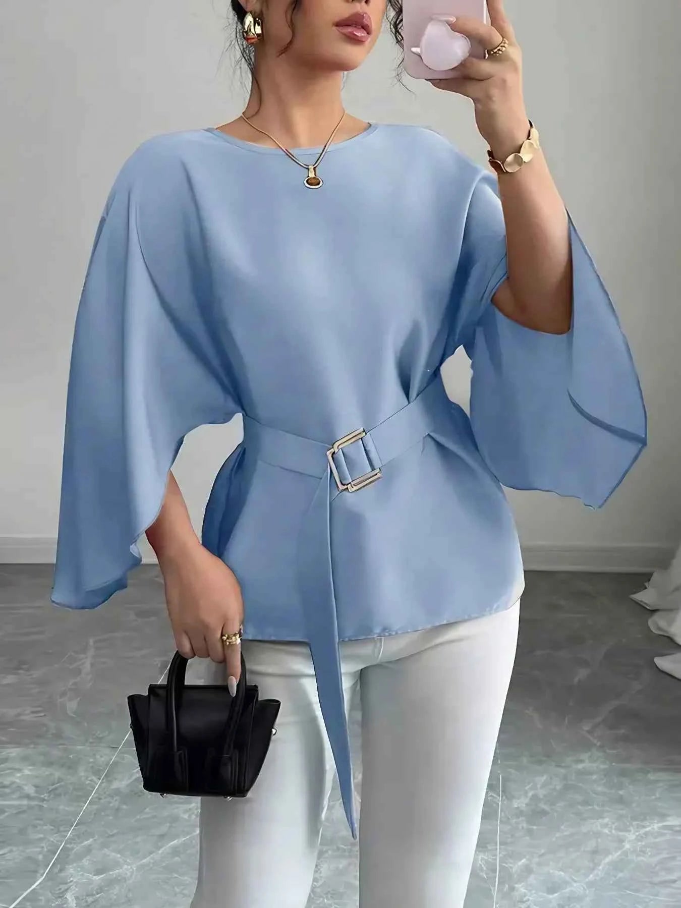 Belted Round Neck Flutter Sleeves Blouse b6686a0b-8ec8-4de8-8f55-a2f3863154a6-Max-Origin