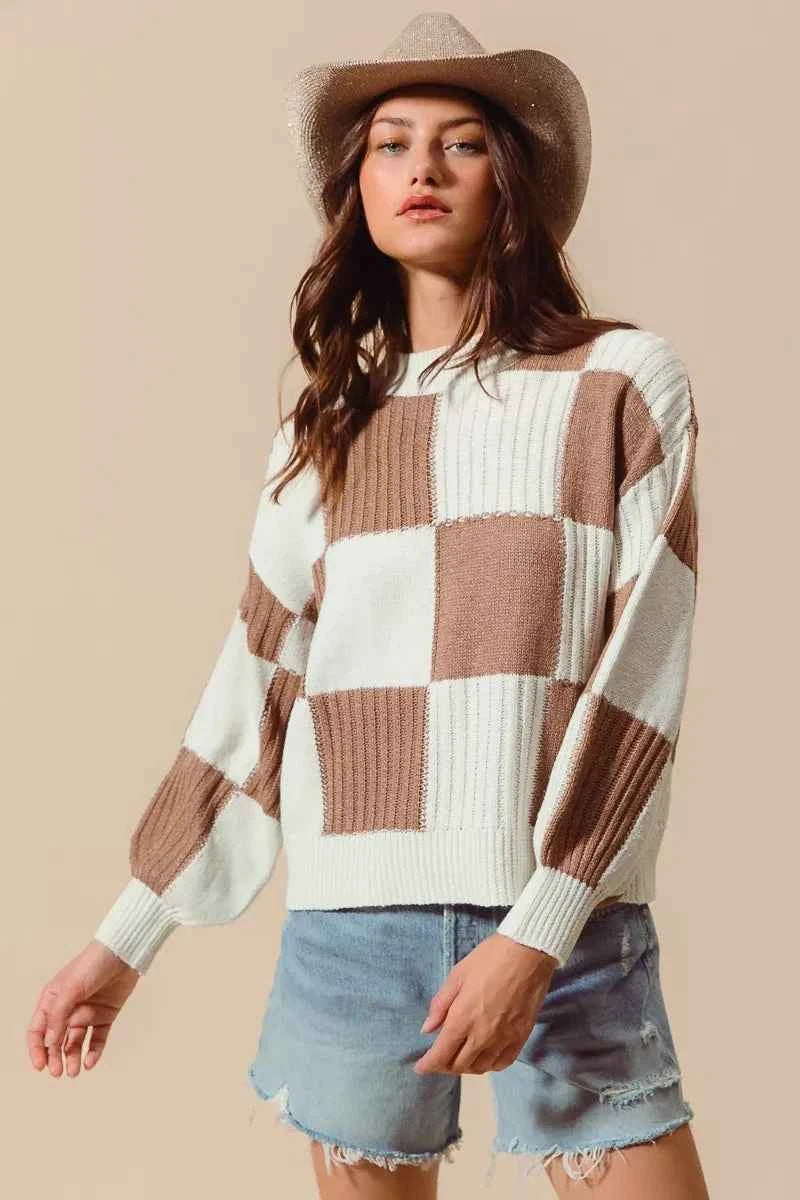 SO ME Ribbed Color Block Checkered Plaid Sweater b67376dfc47e497bb6ba34ca6fbd8b15-Max-Origin