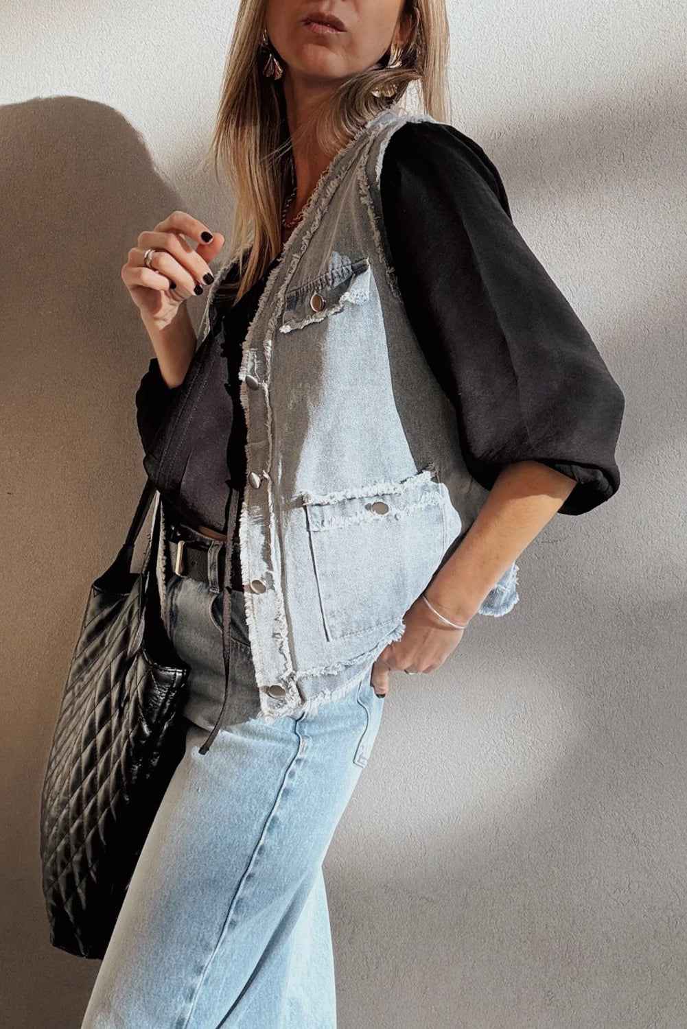 Beau Blue Frayed Edge Flap Pockets Denim Vest Jacket b67c29740996c9cb