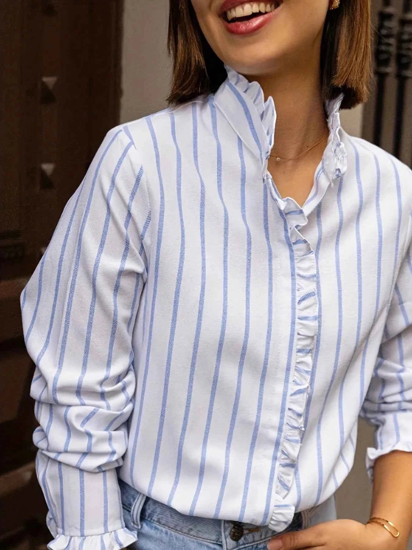 Frill Striped Long Sleeve Blouse Stripe b68099c71dd348729b1cc86217972ee5-Max-Origin