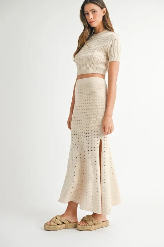 Pointelle Short Sleeve Crop Top and Slit Skirt Sweater Set b6855d0a-187a-47f5-97a3-3d218604e48e-Max-Origin