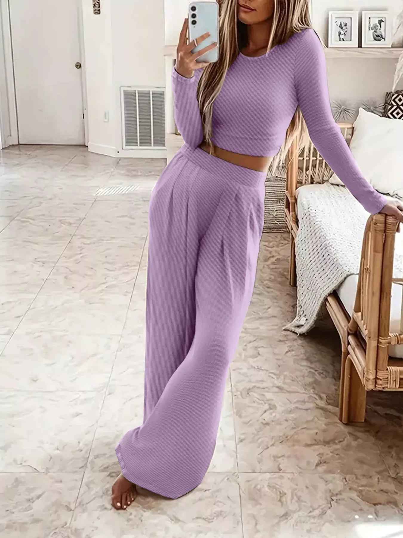 Casual Long Sleeve Crop Top and Wide Leg Pants Set Lavender b68954a1f0064c77bfdaa694516a962e-Max-Origin