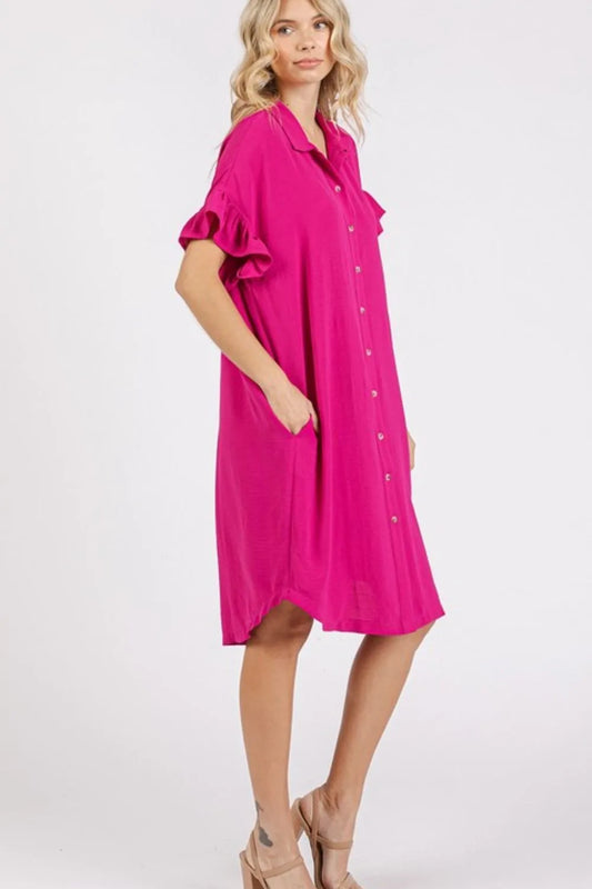 Button Down Flounce Sleeve Dress with Pockets b68cefb5-e697-438e-85cd-3755fae5f1d8-Max