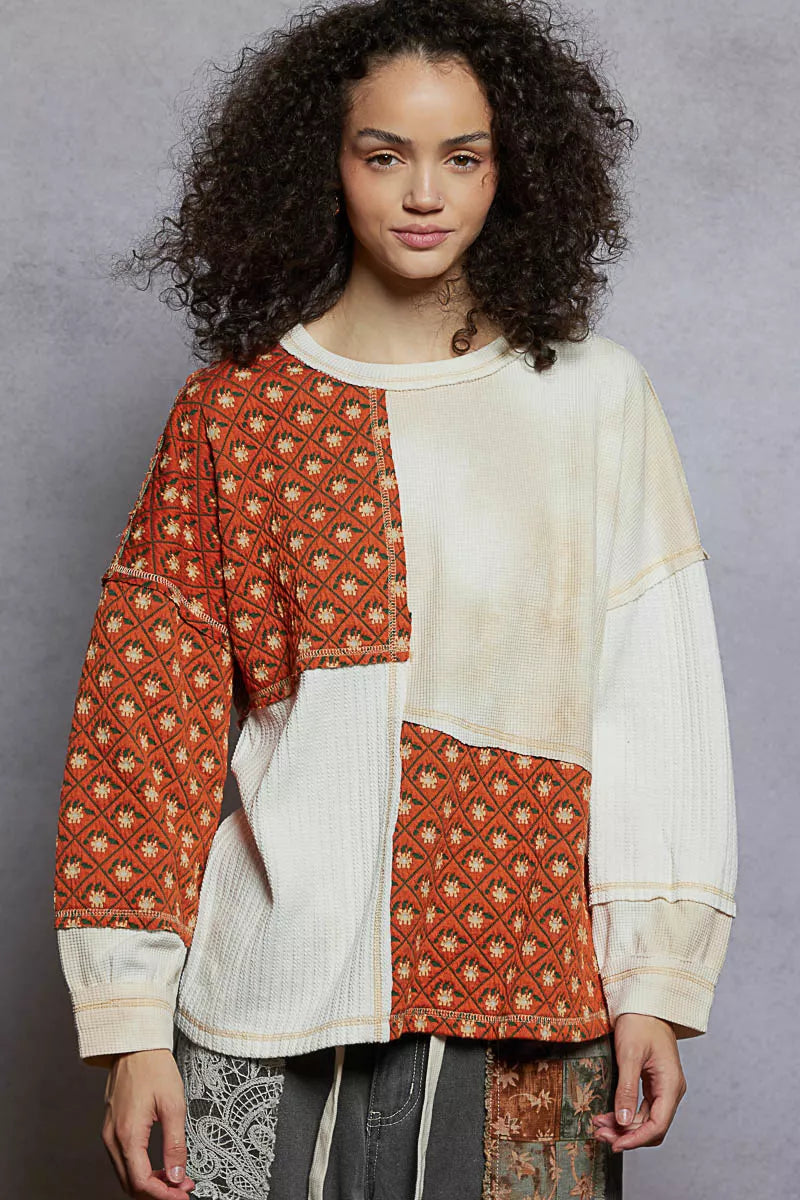 POL Contrast Patchwork Round Neck Long Sleeve Top b6910ad8-77fe-4ba7-8dec-605dbd9afa00-Max-Origin