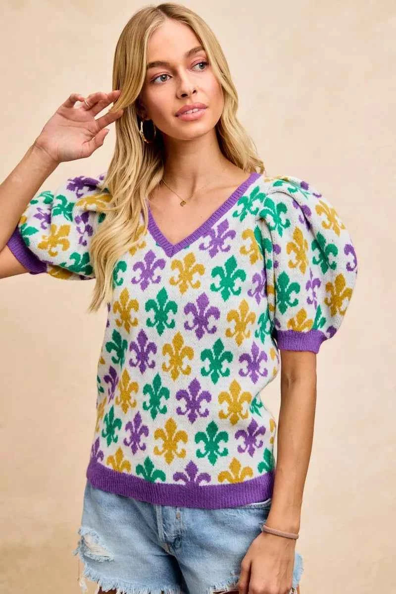 BiBi Mardi Gras Fleur De Lis Patterned V Neck Knit Top b69605abd55c4dd6beea225d3f6b3696-Max-Origin