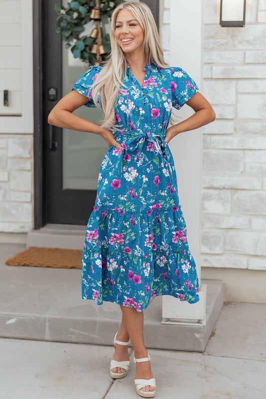 Blue Floral Flutter Sleeve Button Tie Split Neck Belted Long Dress b69658186fb87f12