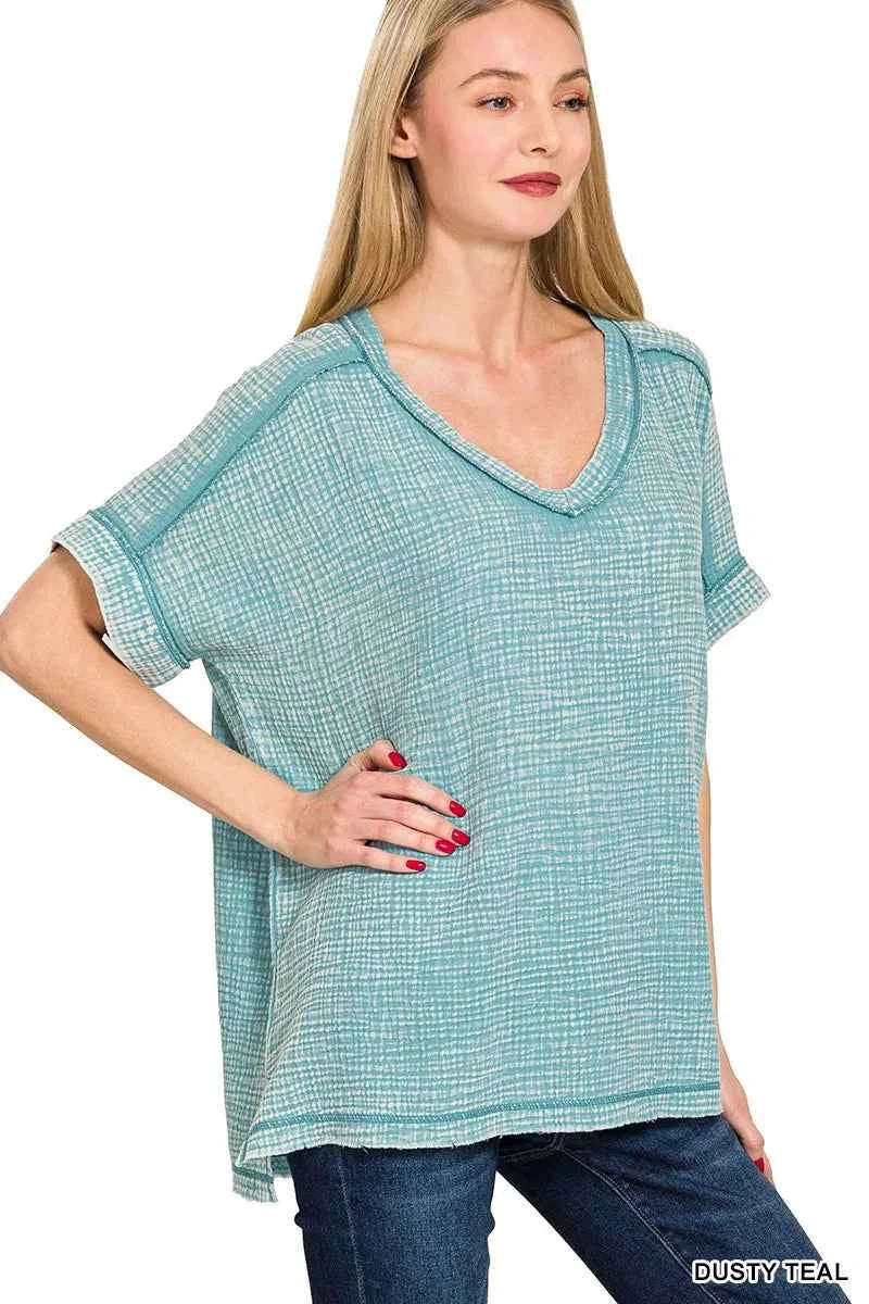 Zenana Acid Washed Double Gauze V-Neck Tee DUSTY TEAL b69a12e597724c66b43f807494e5bdaa-Max-Origin