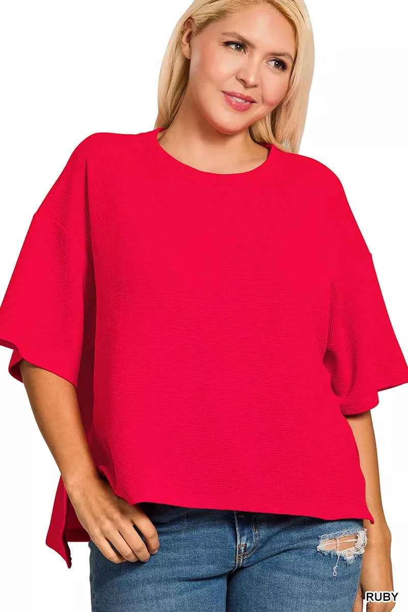 Zenana Full Size Double Knit Side Slits Hi Low Short Sleeve Top Plus Size b69f52fa-927d-4e97-bfe2-7ef19006f47c-Max-Origin
