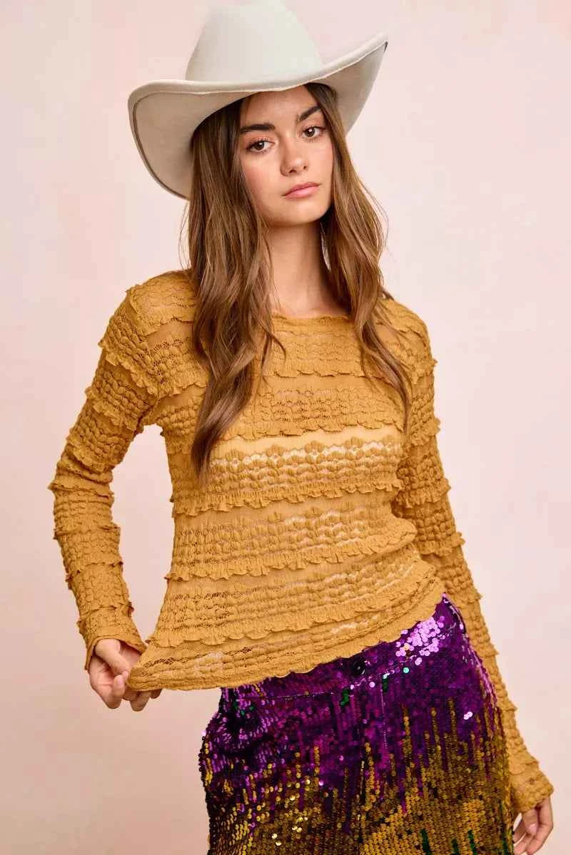 Ruffles Detail Mardi Gras Color Flower Lace Top b6a7540fa40349edae0c7638bb498fa1-Max-Origin