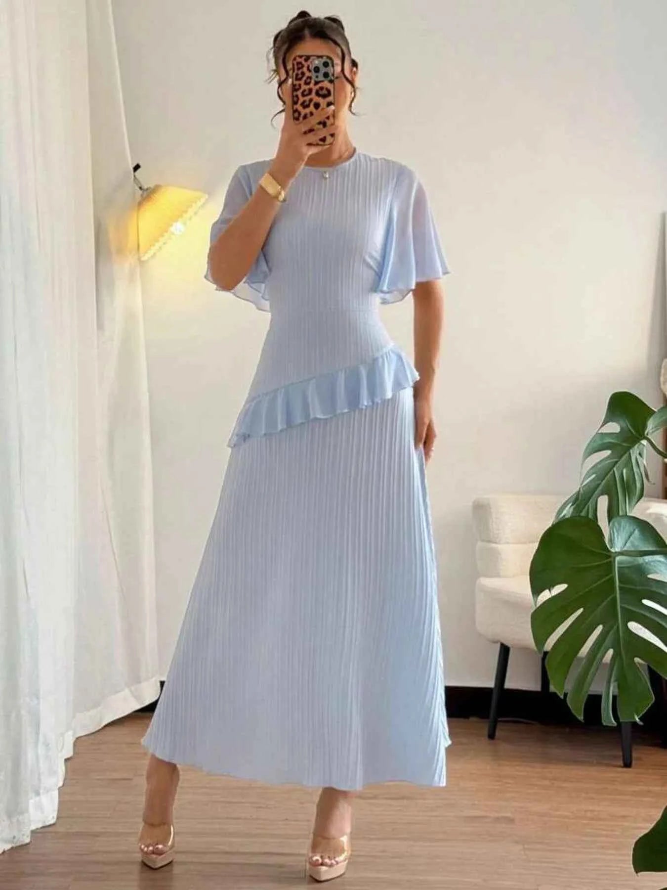Ruffled Round Neck Flutter Sleeve Dress b6b131912c204b44821e0895a20d25fb-Max-Origin