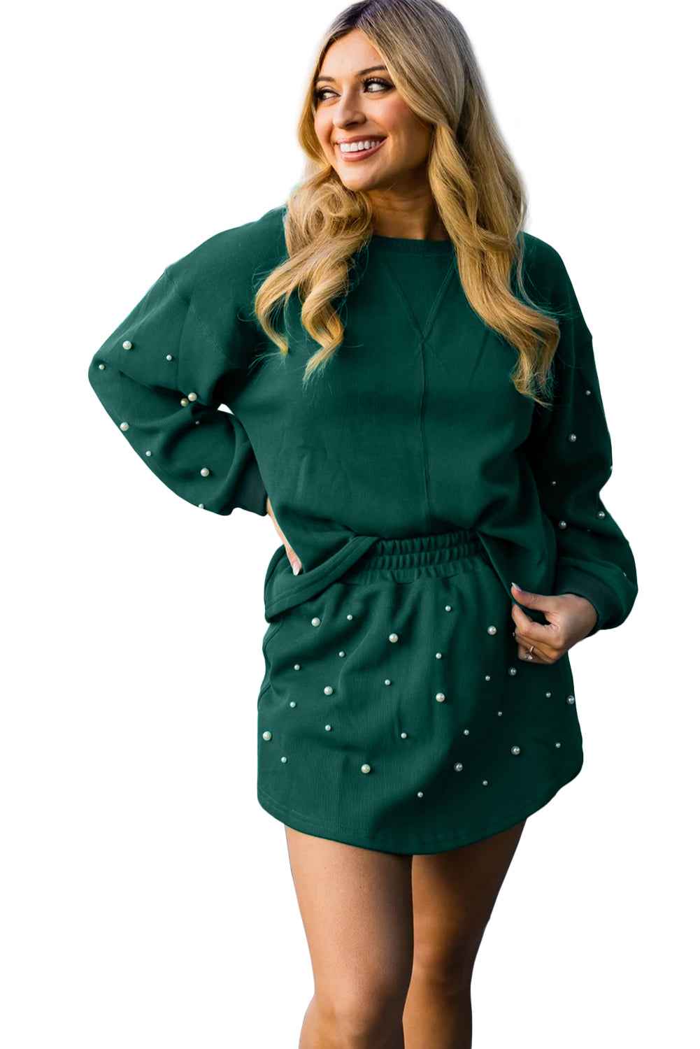 Dark Green Pearl Embellished Drop Shoulder Pullover Elastic Waist Mini Skirt Set b6b22e44e2c2de62