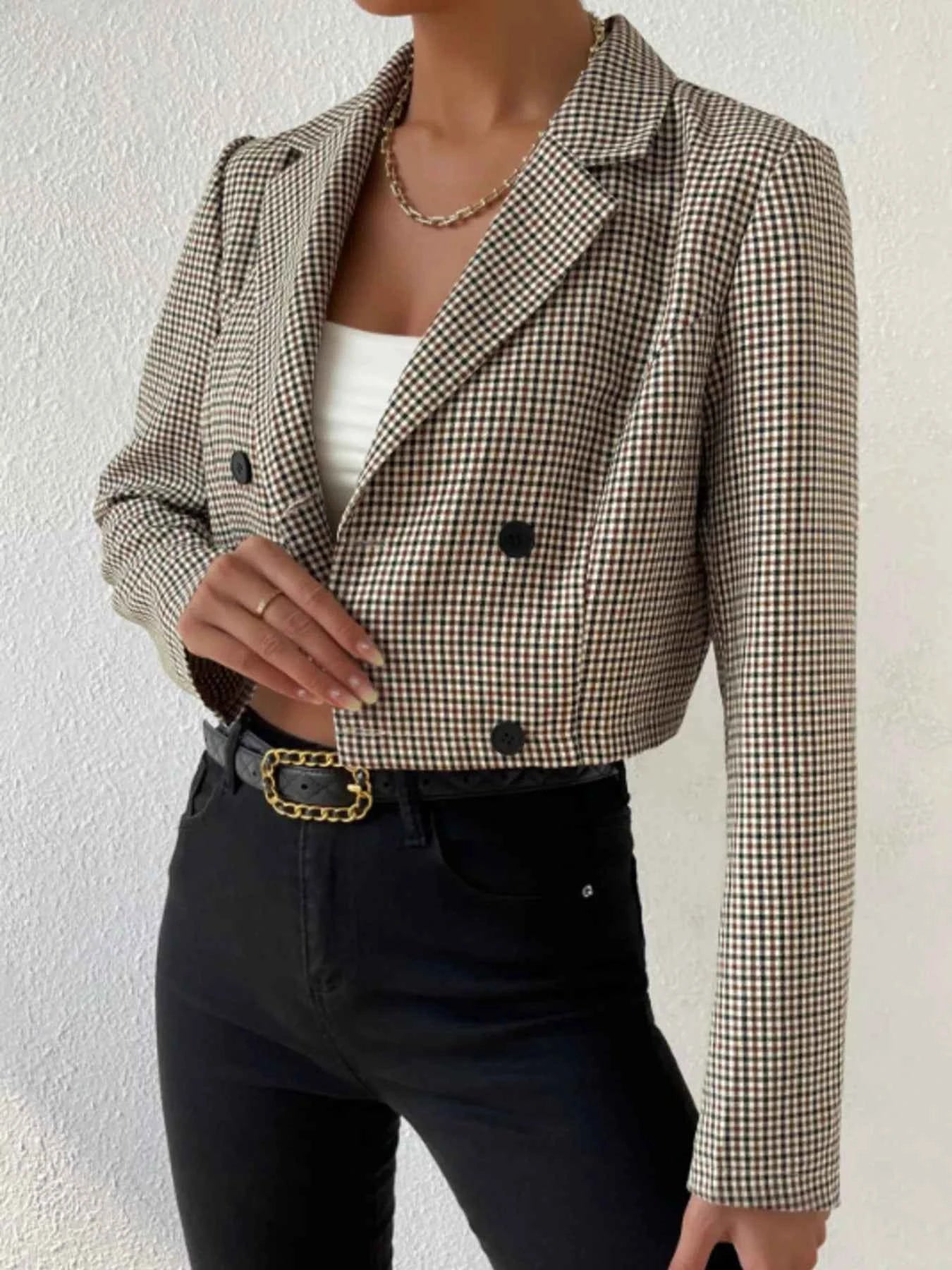 Plaid Lapel Collar Cropped Blazer b6b37d451a0740a3851532a332abd87a-Max-Origin