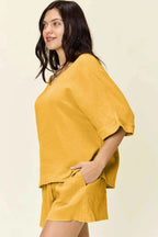 Double Take Texture Half Sleeve T-Shirt and Drawstring Shorts Set b6b9226a-cdeb-4292-9860-0ee18d4fbeb4-Max